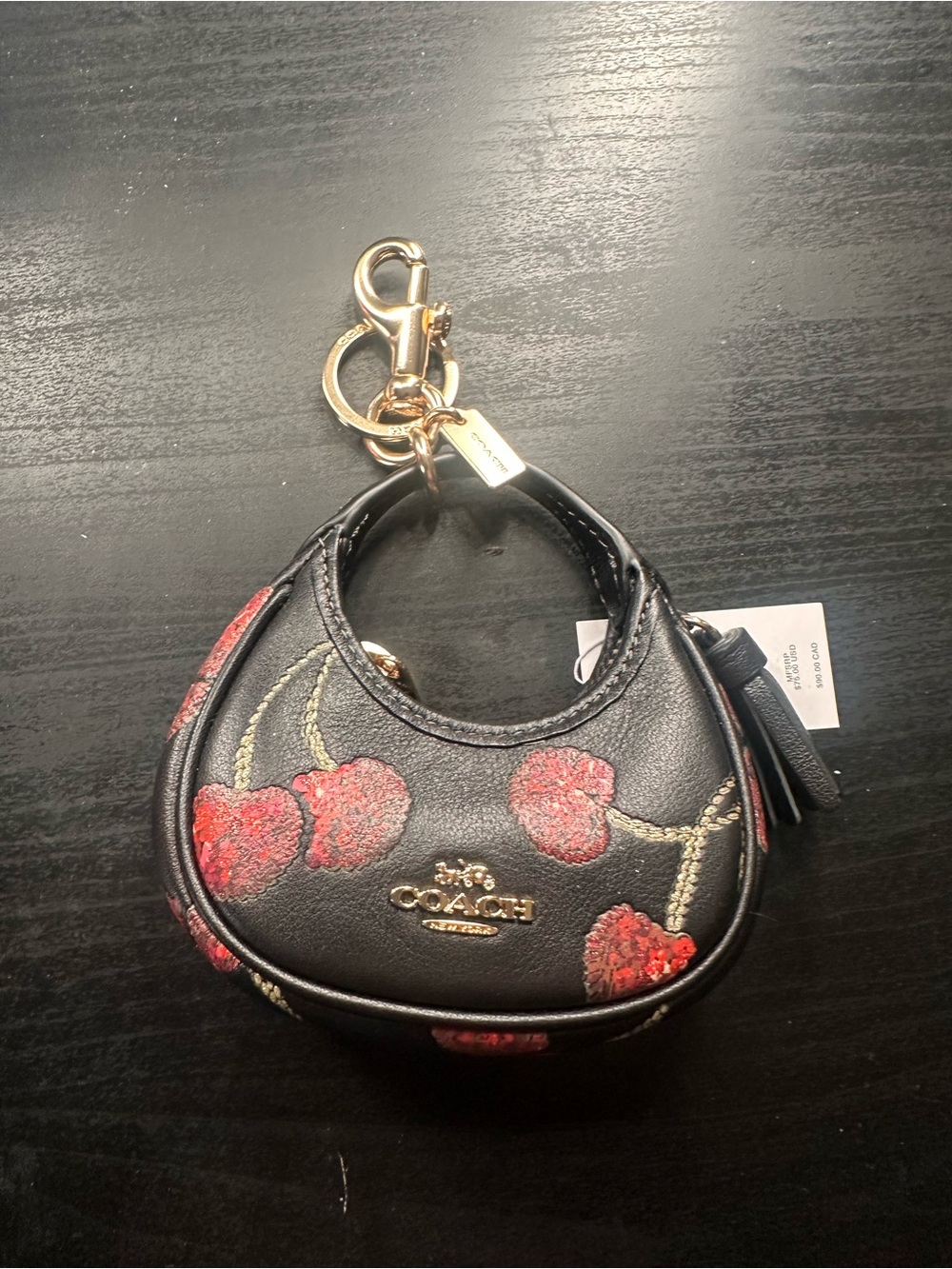 Coach Black Leather Mini Bag Charm with Red Cherry Design